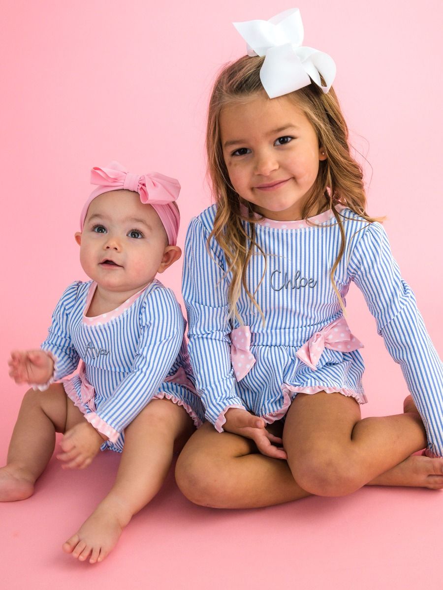 RuffleButts Periwinkle Blue Seersucker Long Sleeve One Piece Bow Peplum Rash Guard Swimsuit