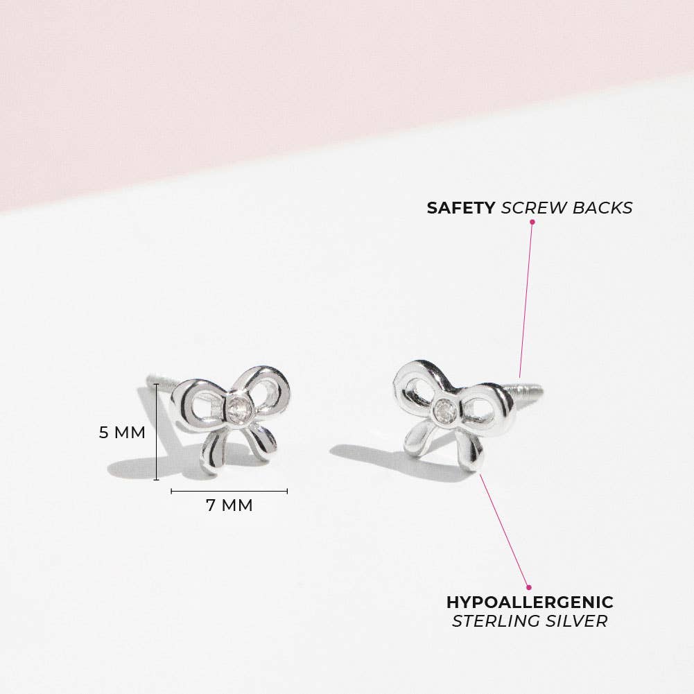 In Season Jewelry - Delicate CZ Bow Baby Toddler Kids Earrings - Sterling Silver