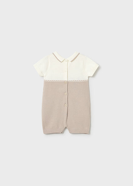 Mayoral Newborn Boy Knit Romper with Collar - Khaki/White
