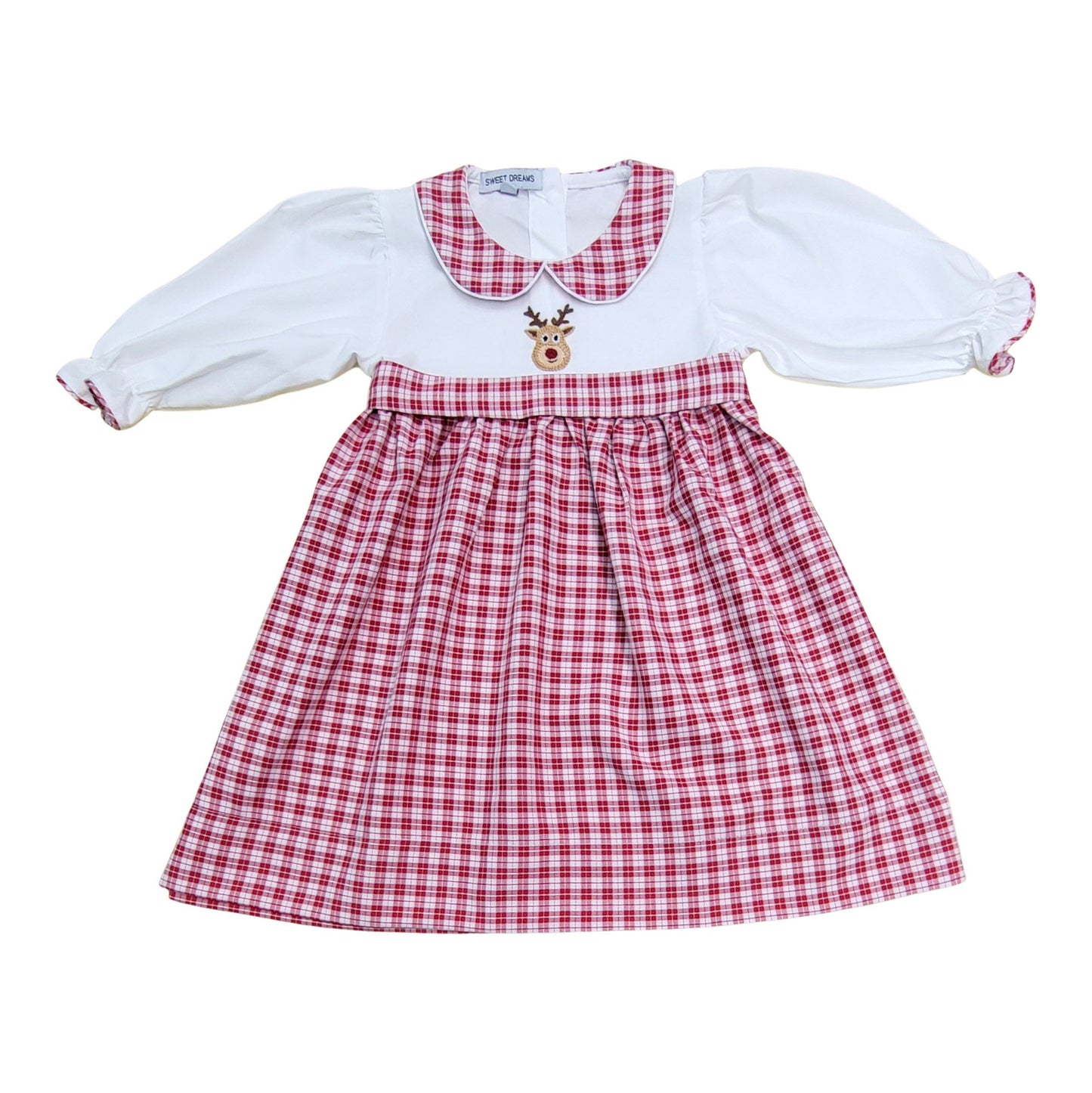 Sweet Dreams Rudolph Embroidered White & Red Plaid Dress