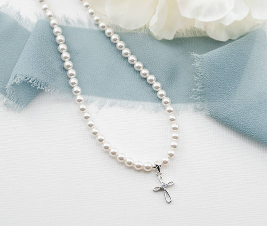 Cherished Moments - Girls Sterling First Communion Silver Pearl Cross Necklace