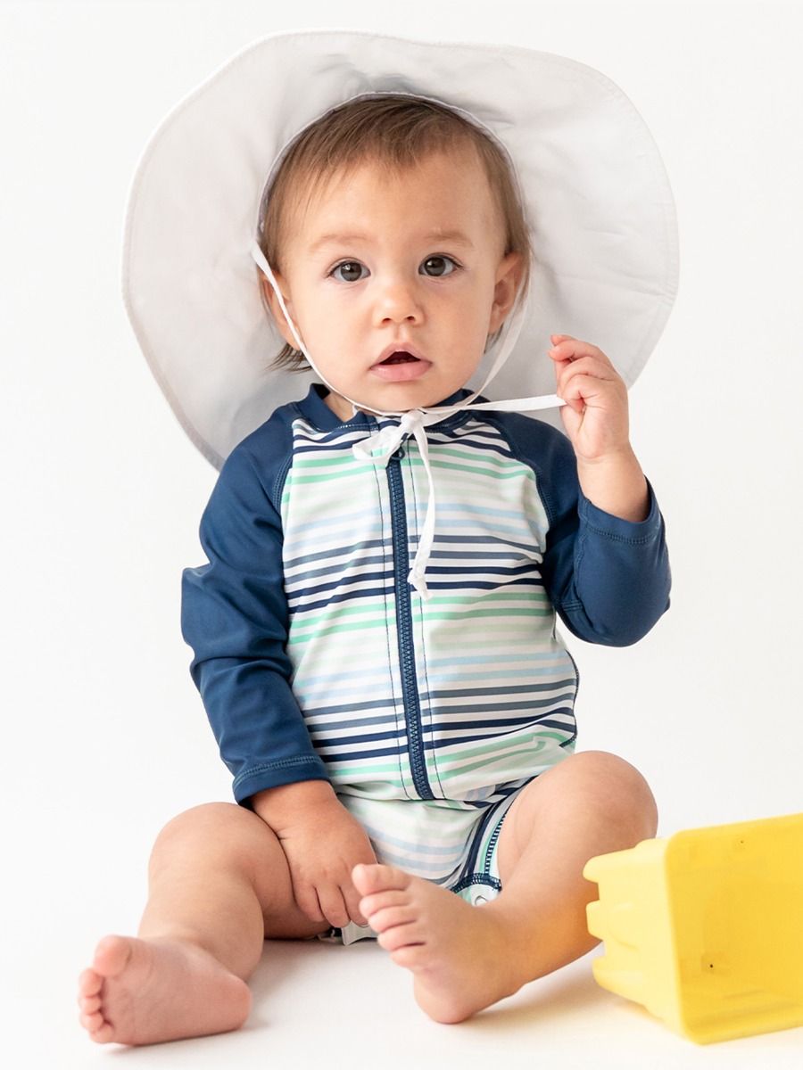 RuggedButts Coastal Stripes Boys Long Sleeve One Piece Rash Guard