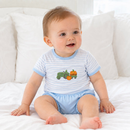 Magnolia Baby Pumpkin Tractor Applique Diaper Cover Set -Light Blue
