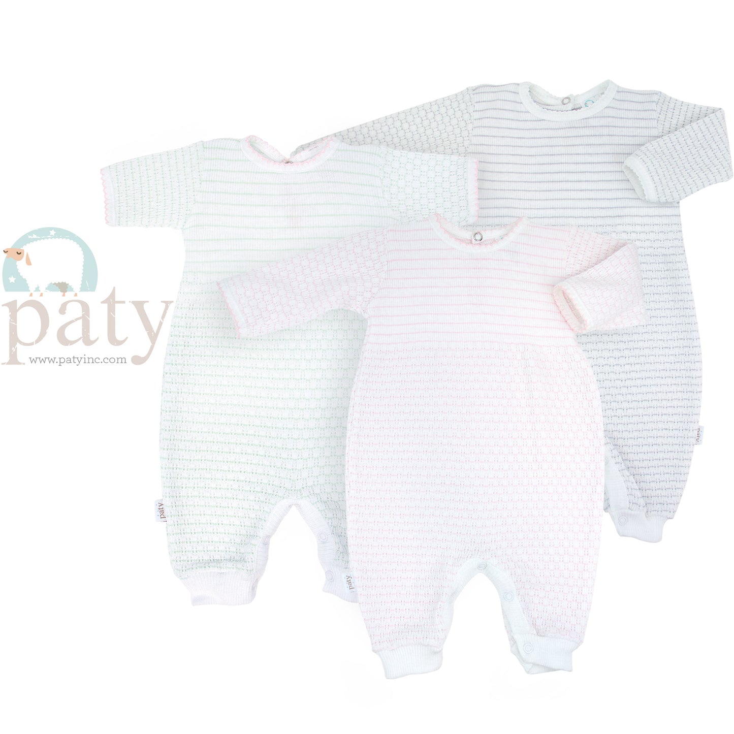 Paty Inc LS Pinstripe Romper, Pima Trim Mint/Pink 3M