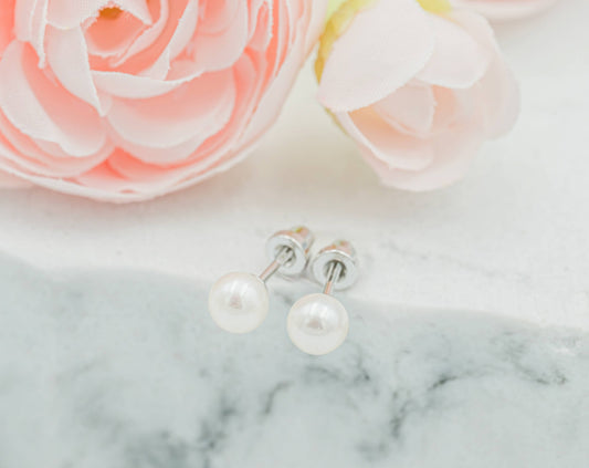 Cherished Moments - Sterling Silver Screw-Back White Pearl Earrings for Children