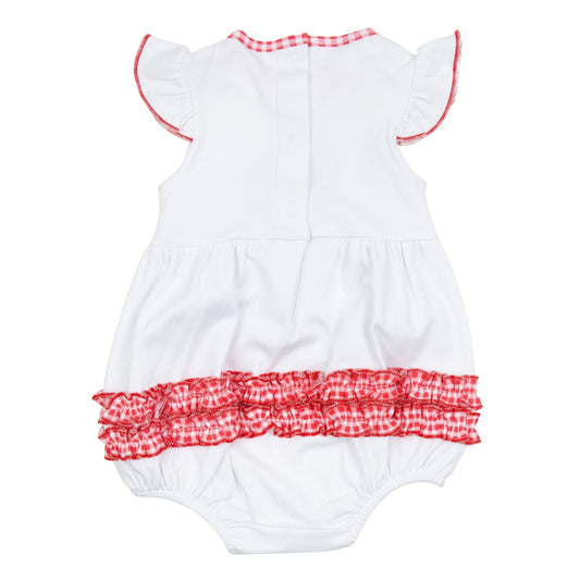 Magnolia Baby Red, White, and Yum! Applique Red Ruffle Flutter Sleeve Bubble