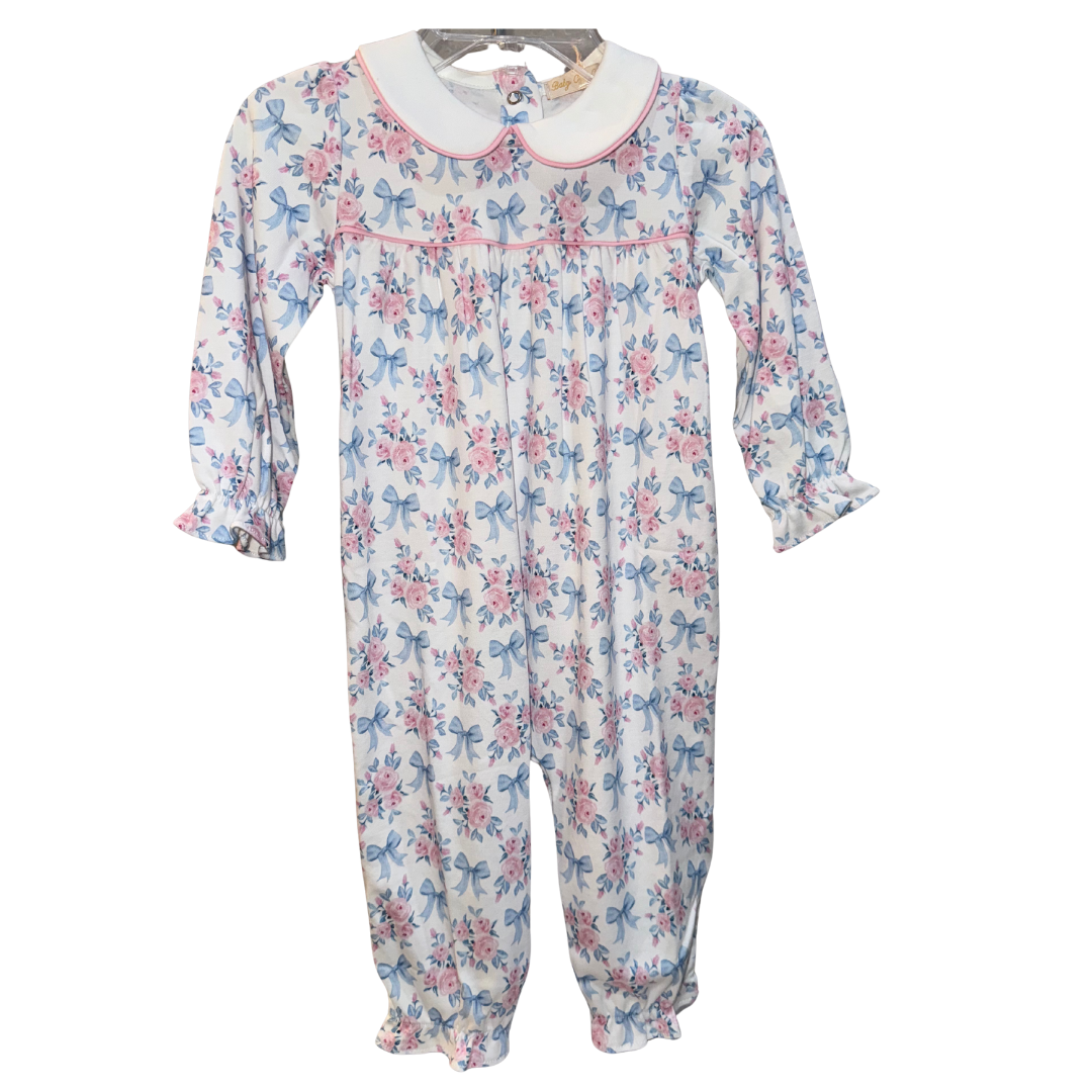Baby Club Chic Blue Floral Bows Printed Playsuit w/ Round Collar