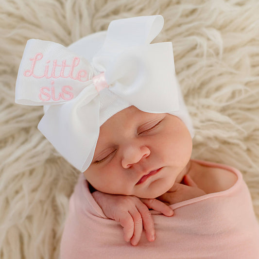 www.ilybean.com - Little sis ribbon bow hat for baby sisters - newborn girls