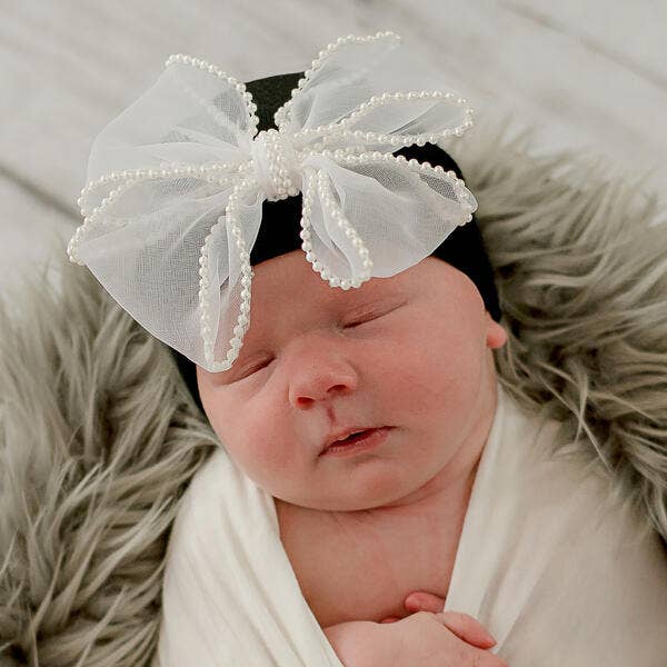 Ily Bean Pink and White Chiffon Pearl Bow Newborn Girl Hospital Hat