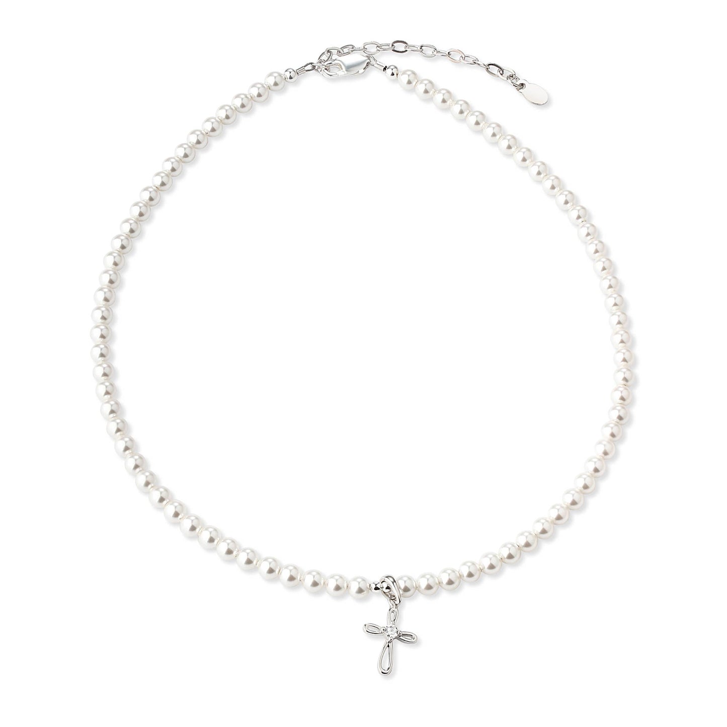 Cherished Moments - Girls Sterling First Communion Silver Pearl Cross Necklace