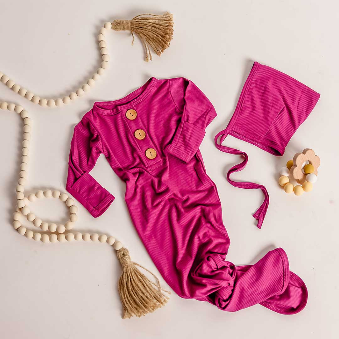 Dolly Lana Ribbed knotted baby gown - Magenta Pink: 0-3 months