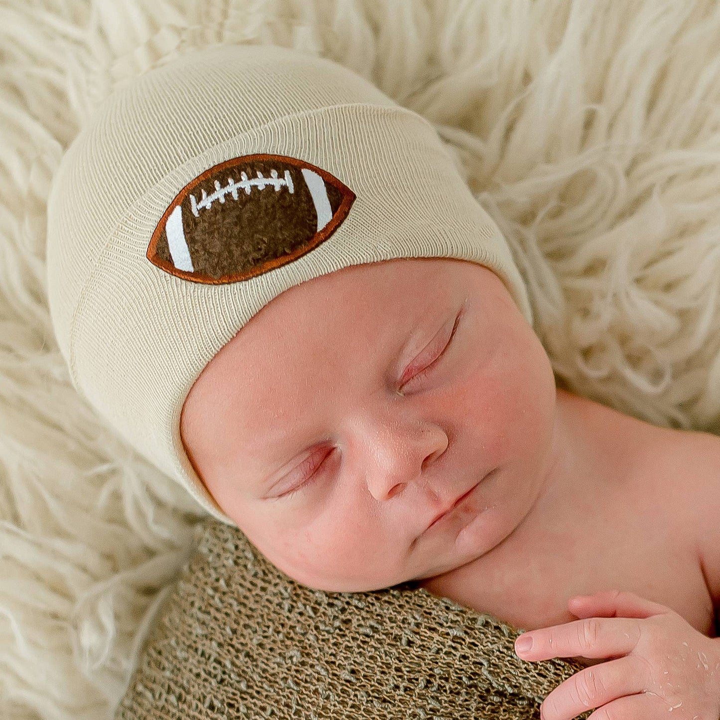 www.ilybean.com - Chenille Football Patch White or Oatmeal Newborn Boy Hat