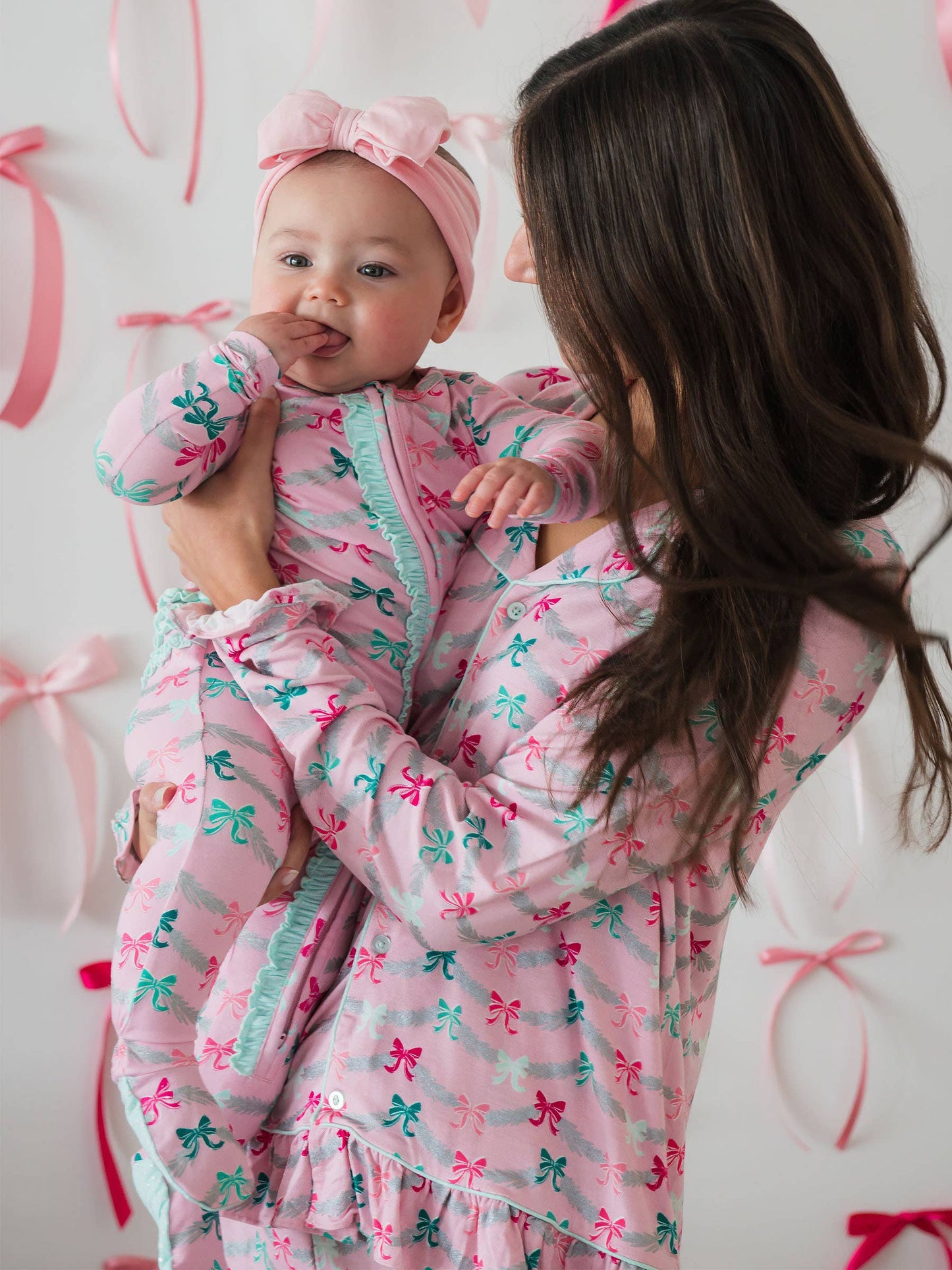 RuffleButts + RuggedButts - SoftSnooze™ Baby Girls Cotton Modal Sparkle Pink Tinsel Tidings Footed Ruffle One Piece Pajama