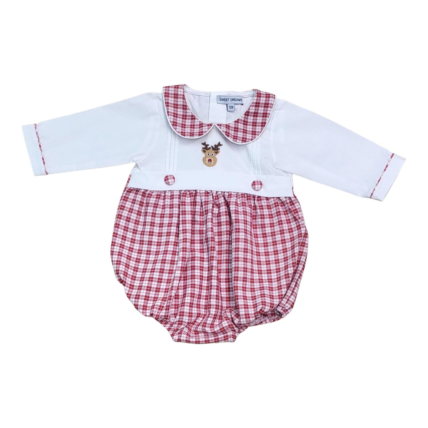 Sweet Dreams Rudolph Embroidered Boy White & Red Plaid Bubble