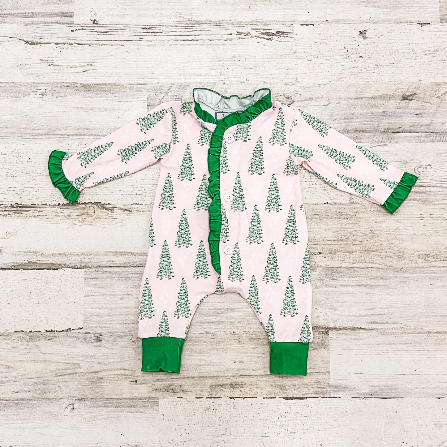 Sugar Bee Pink Christmas Tree Button Up Ruffle Buttflap Pajamas