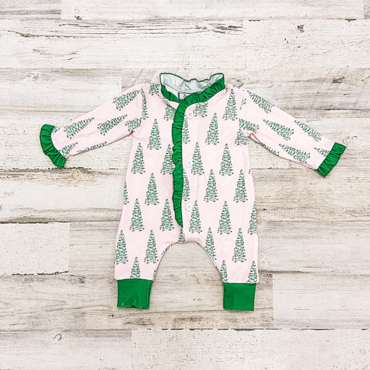 Sugar Bee Pink Christmas Tree Button Up Ruffle Buttflap Pajamas