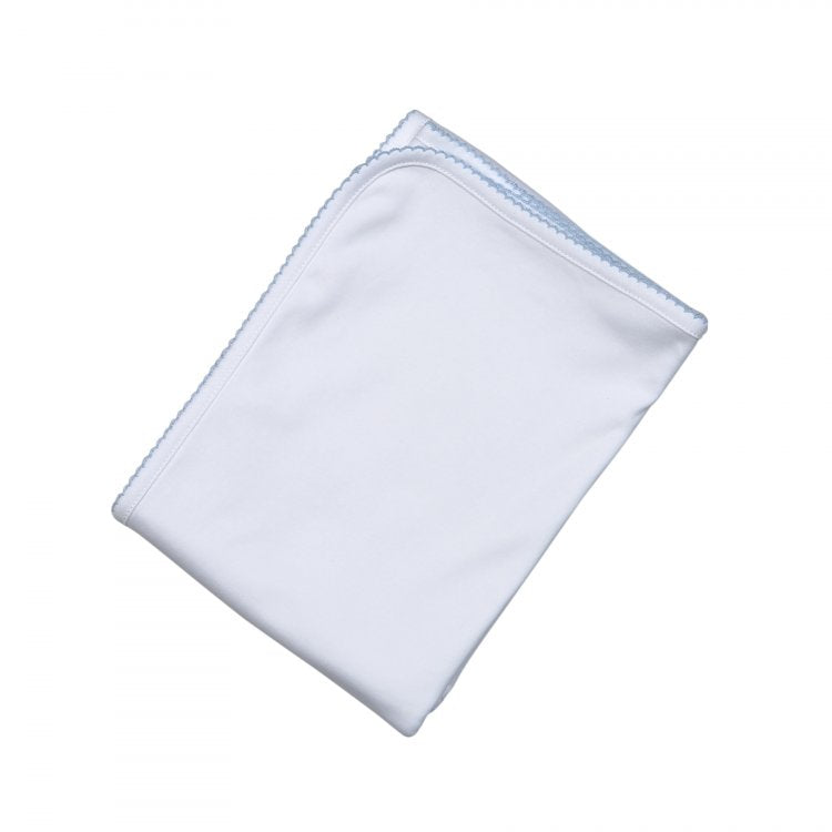 Baby Loren White Receiving Blanket Blue Picot Trim
