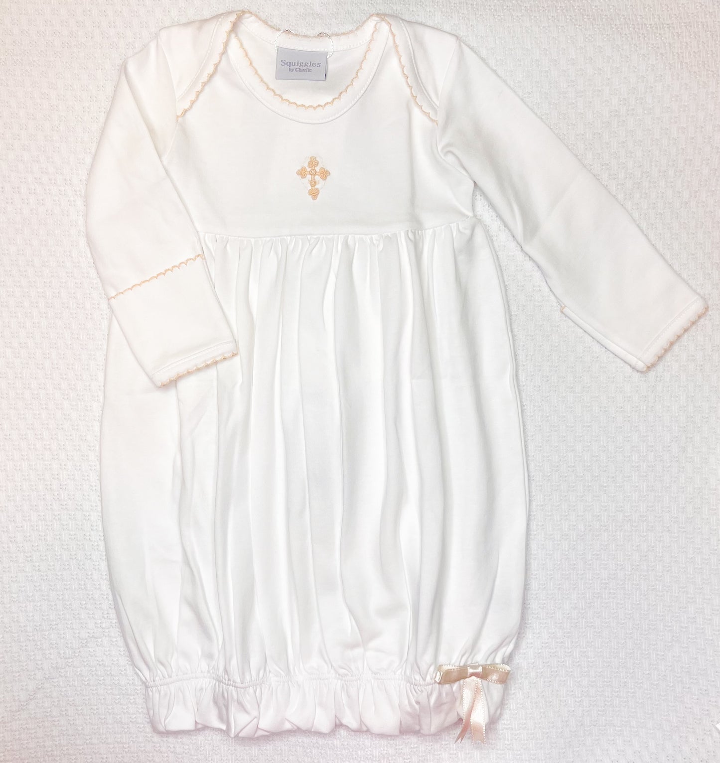 Squiggles White Gown with Latte Cross Embroidered Newborn Girl