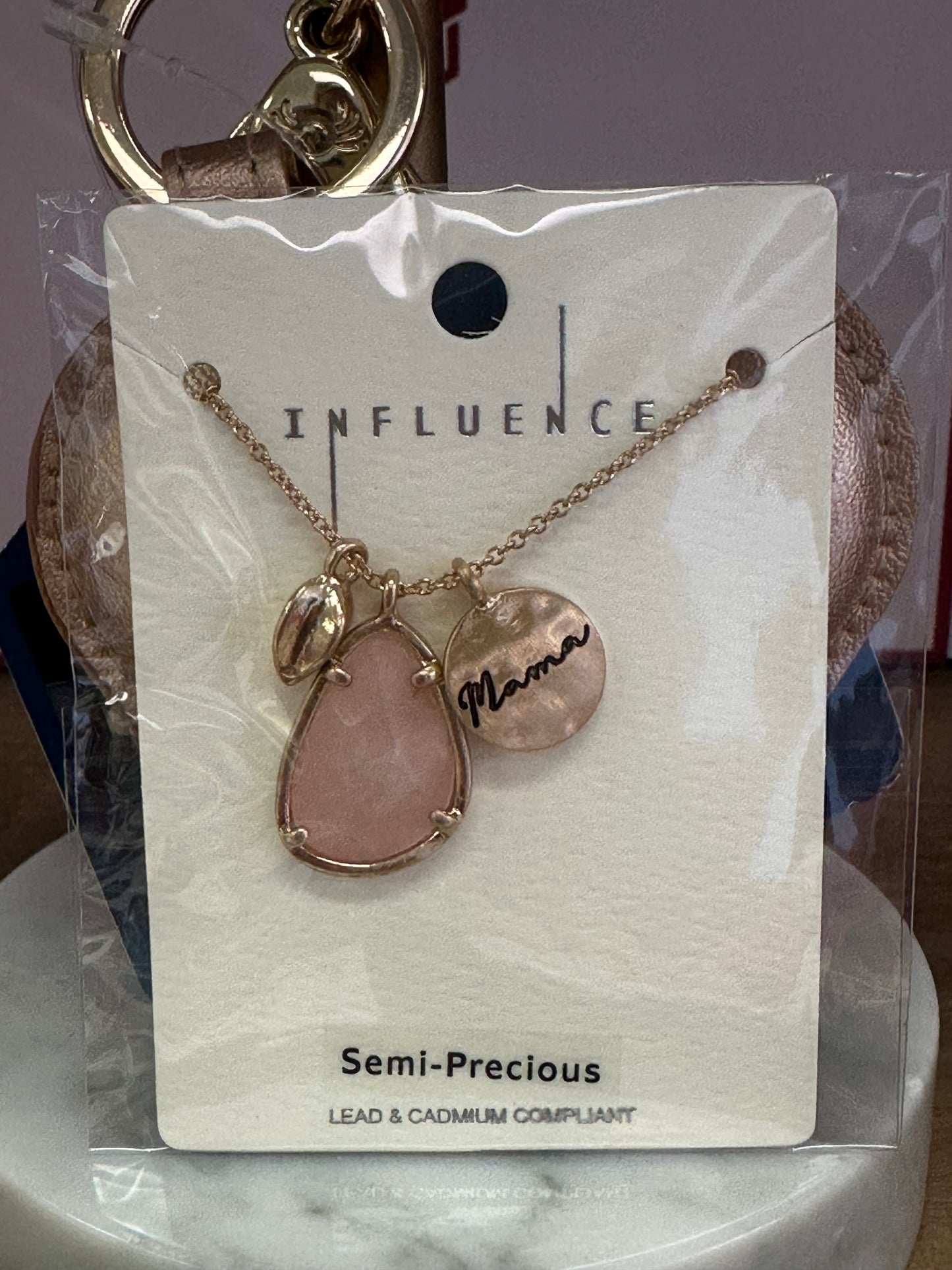 Mama Disk & Teardrop Stone Necklace Rose Quartz