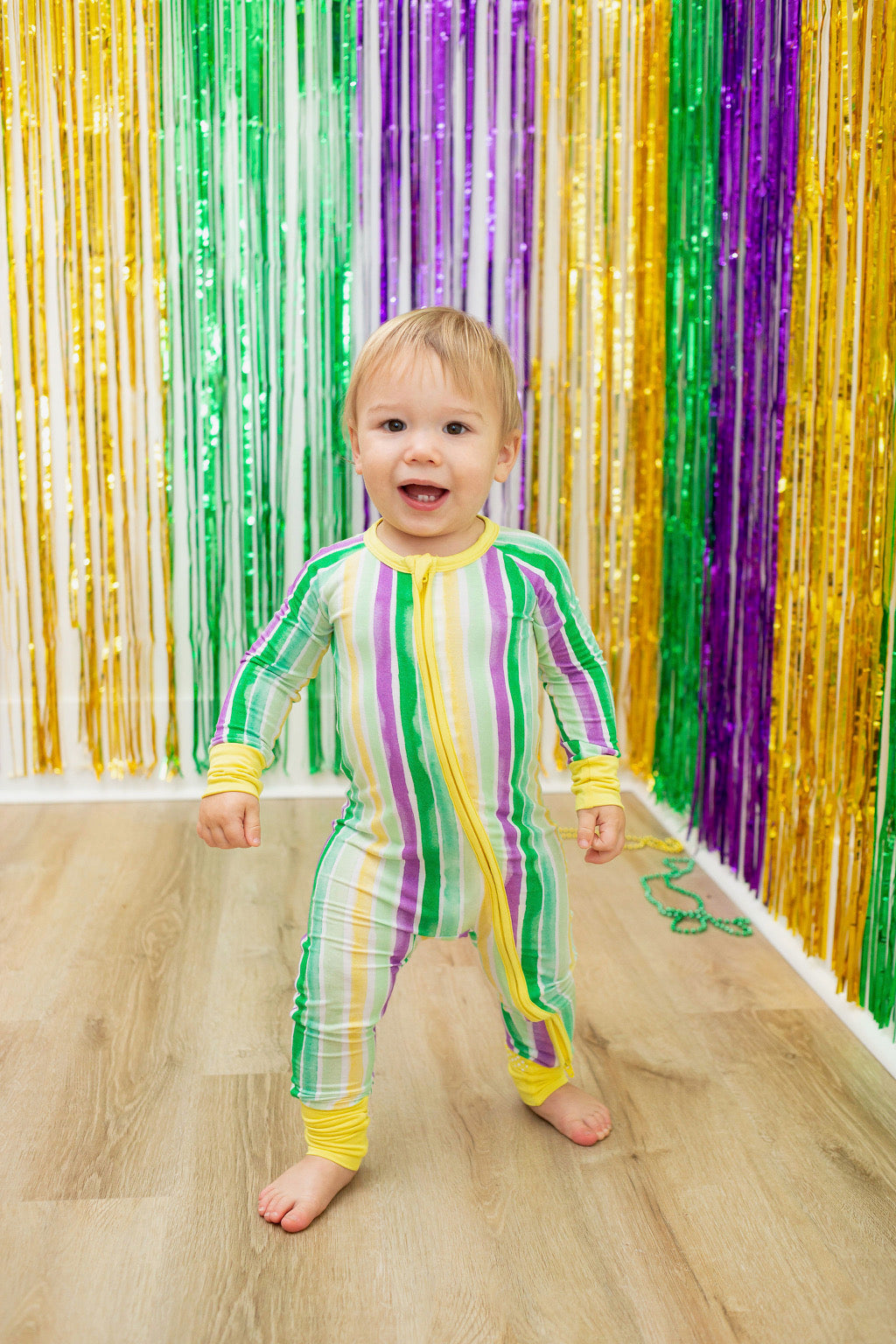 Sweet Bay Clothing Mardi Gras Stripes Zipper Onesie