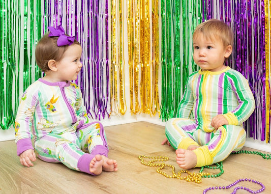 Sweet Bay Clothing Mardi Gras Stripes Zipper Onesie