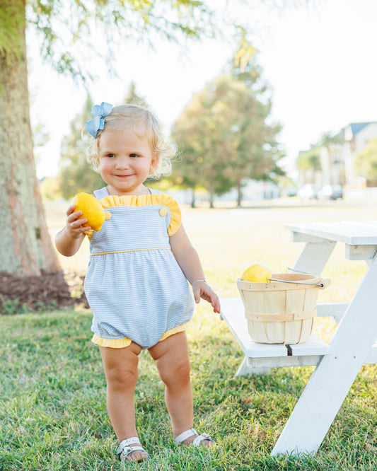 Smock Candy Lucy Sunsuit - Light Blue Stripe and Yellow