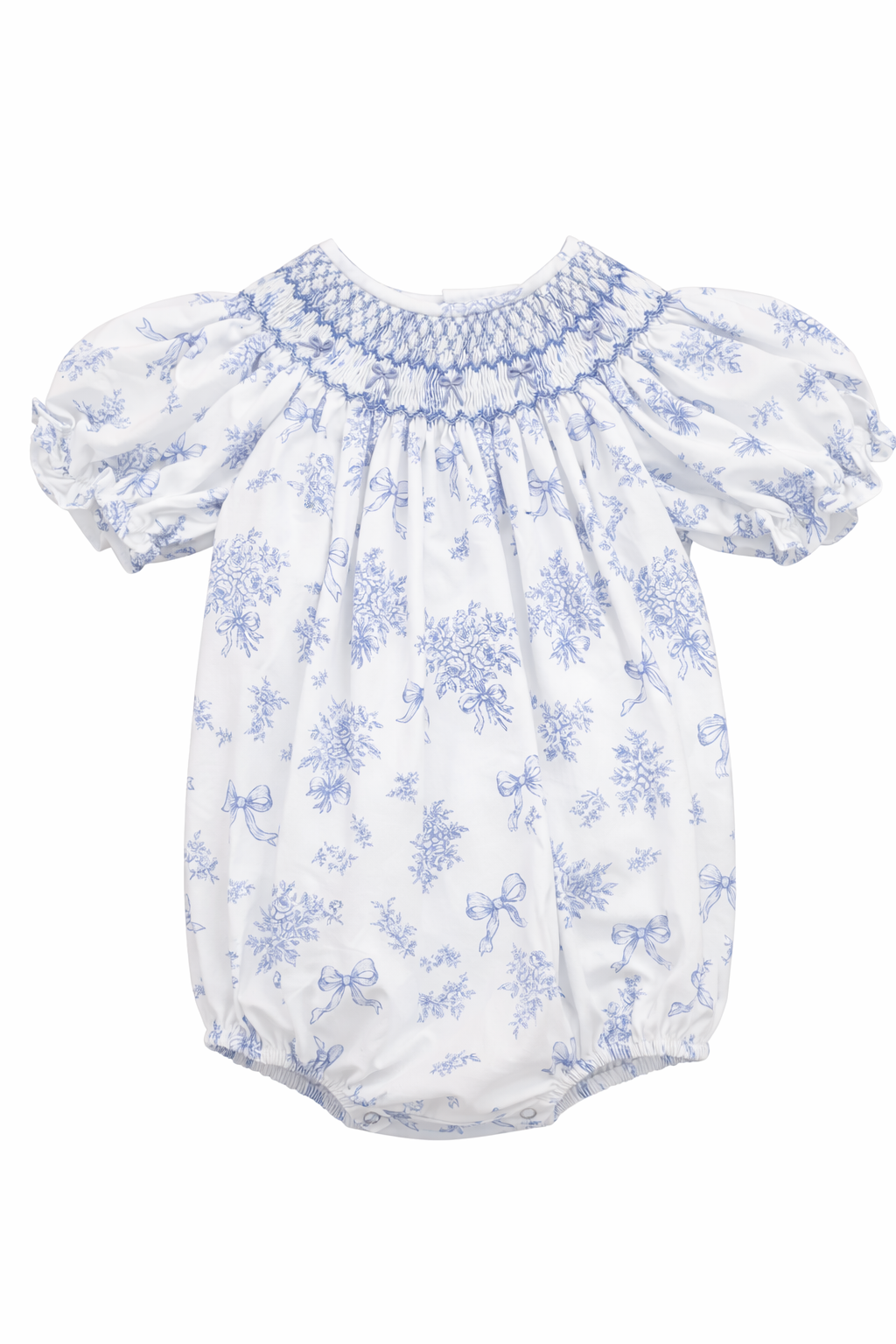Evelyn White/Blue Floral Print with Bow Smocked Bubble
