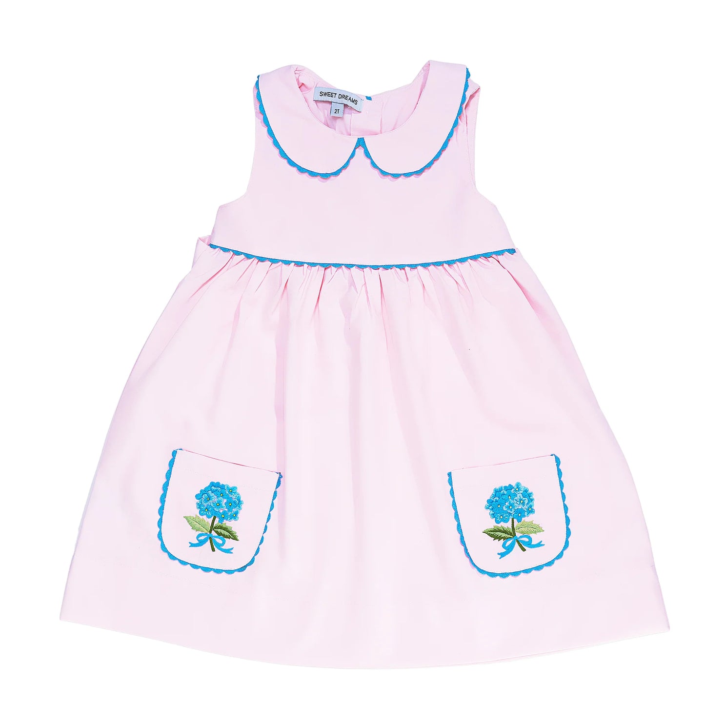 Sweet Dreams Pink Dress with Embroidered Blue Hydrangea