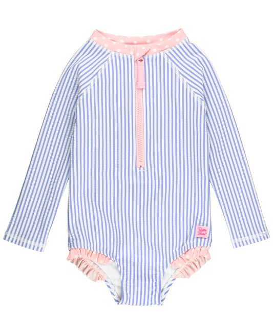 RuffleButts Seersucker Long Sleeve One Piece Zip Up Rash Guard Swimsuit