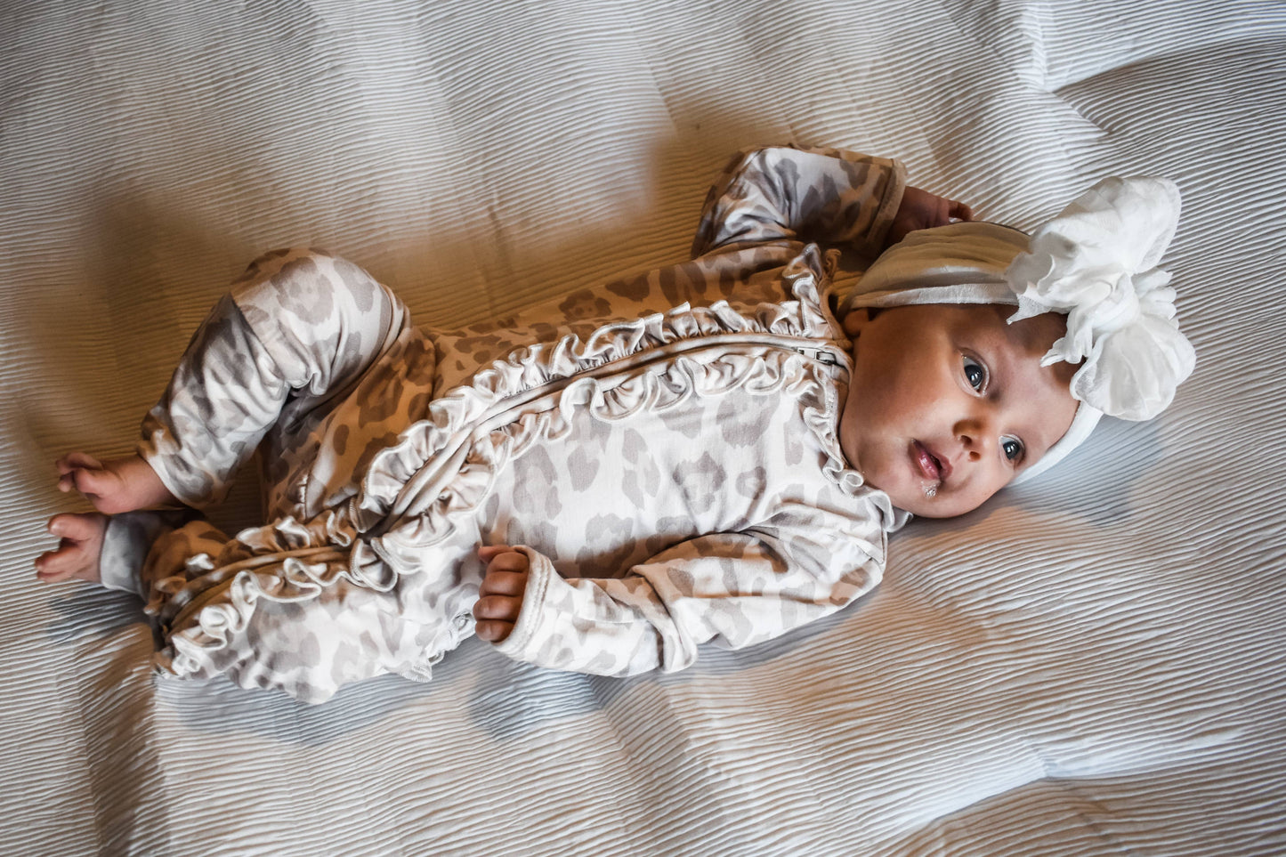 Rockin Royalty - Natural Leopard Ruffle Zip Footie