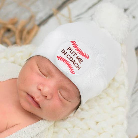 www.ilybean.com - Put Me In Coach Baby Baseball Hat Newborn Baby with Pom Pom