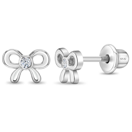In Season Jewelry - Delicate CZ Bow Baby Toddler Kids Earrings - Sterling Silver