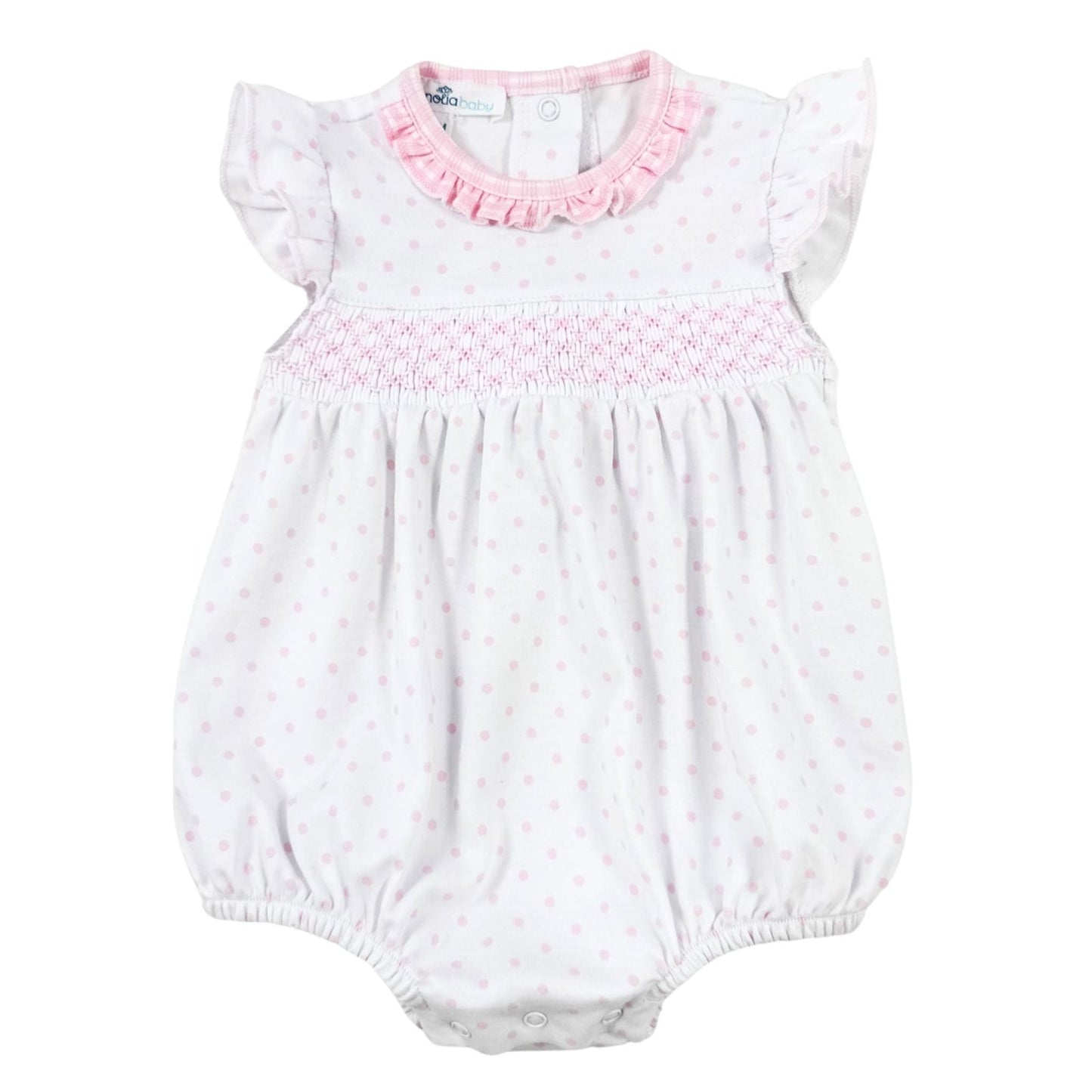 Magnolia Baby Gingham Dots Smocked Flutters Bubble Pink