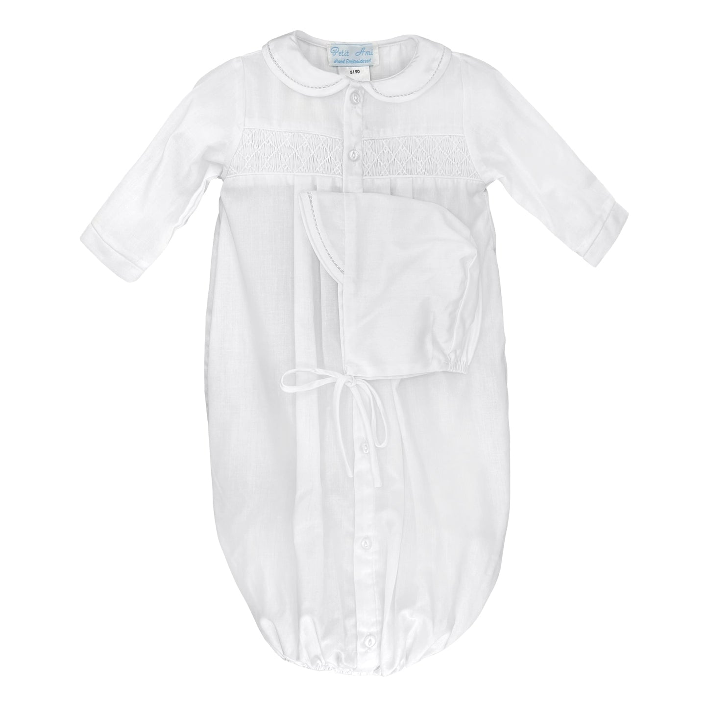 Petit Ami Neutral Smocked Bag Gown with Bonnet
