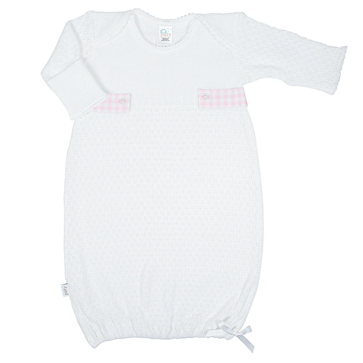 Paty Inc Knit Overlap Shoulder Gown - Pink Gingham Tabs