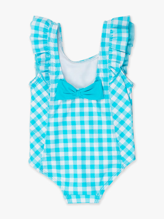 RuffleButts Aqua Blue Gingham Waterfall One Piece Swimsuit