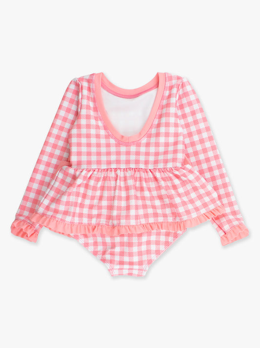 RuffleButts Long Sleeve Bubblegum Pink Gingham One Piece Rashguard Swimsuit