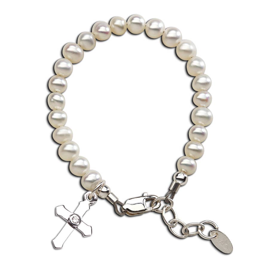 Kids Sterling Silver Pearl Baby Girl Baptism Cross Bracelet: Medium 1-5 Years