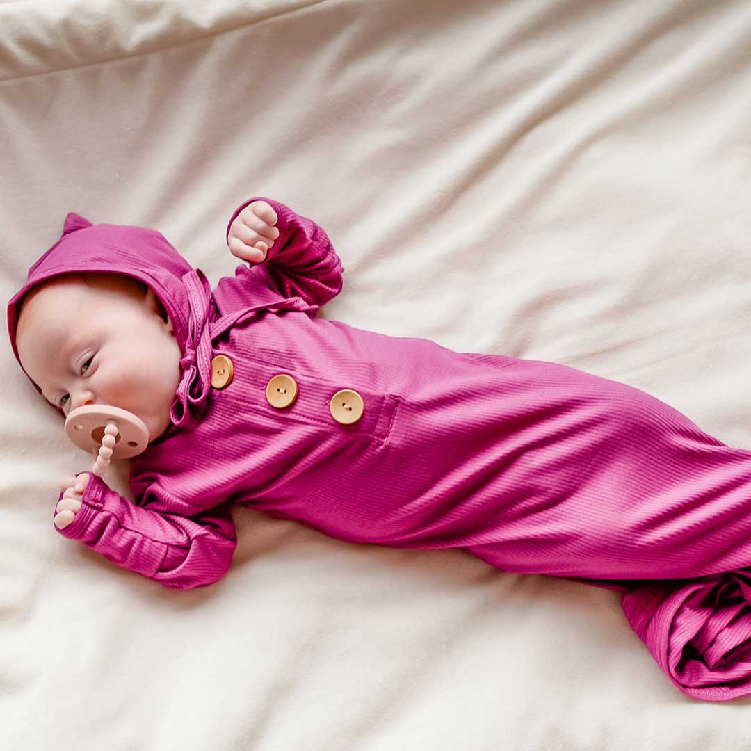 Dolly Lana Ribbed knotted baby gown - Magenta Pink: 0-3 months