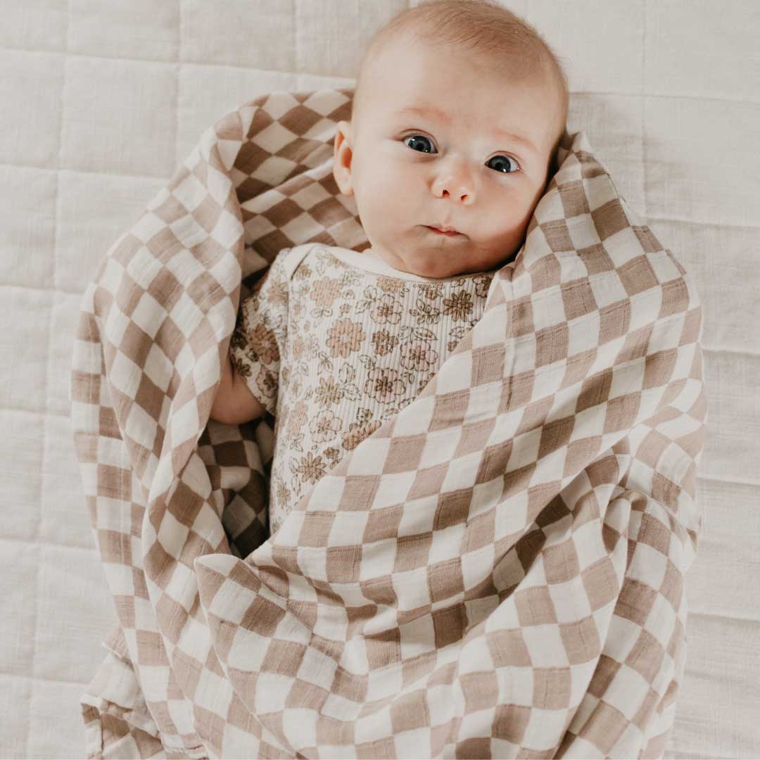 Dolly Lana - Bamboo Muslin Baby Swaddle - Tan Checkerboard