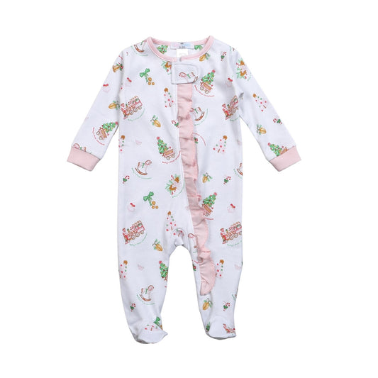 Baby Loren Baby's First Christmas Pima Zipper Footie Girl