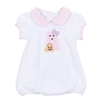 Magnolia Baby Boo Crew! Applique Pink Collared Short Sleeve Girl Bubble
