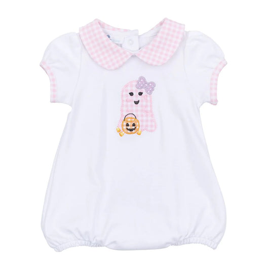 Magnolia Baby Boo Crew! Applique Pink Collared Short Sleeve Girl Bubble