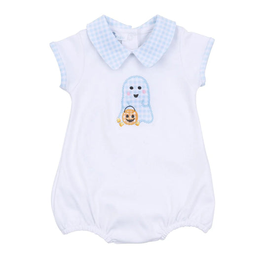 Magnolia Baby Boo Crew! Applique Light Blue Collared Short Sleeve Boy Bubble