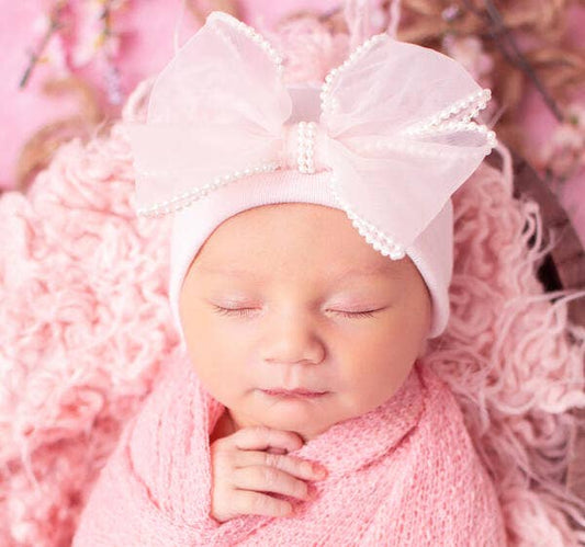 Ily Bean Pink and White Chiffon Pearl Bow Newborn Girl Hospital Hat