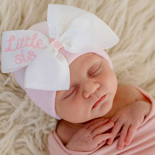 www.ilybean.com - Little sis ribbon bow hat for baby sisters - newborn girls
