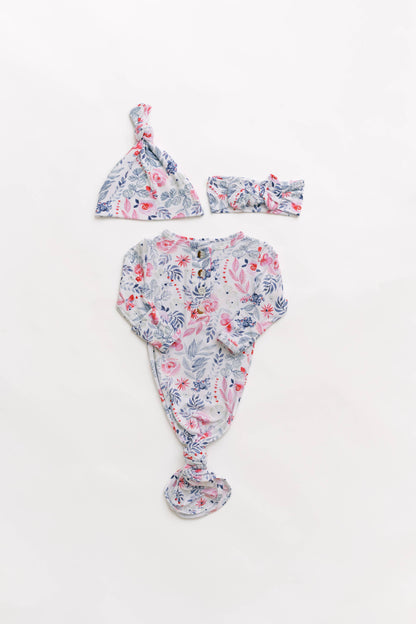 Stroller Society - Newborn Knotted Baby Gown, Bow, Hat Set - Baby Clothes Girl