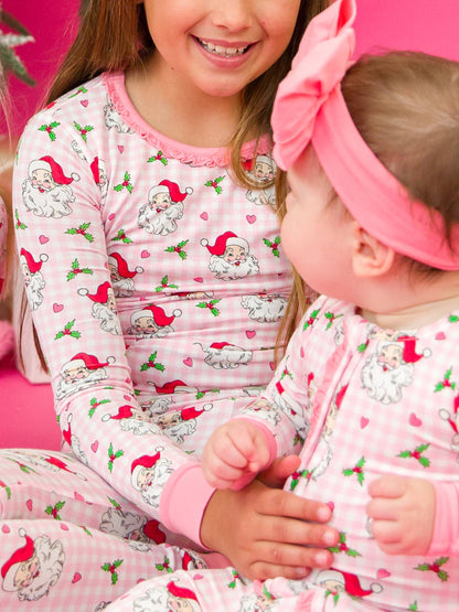 RuffleButts + RuggedButts - SoftSnooze™ Girls Bamboo Viscose Pink Dear Santa Ruffle Long Sleeve Pajama Set