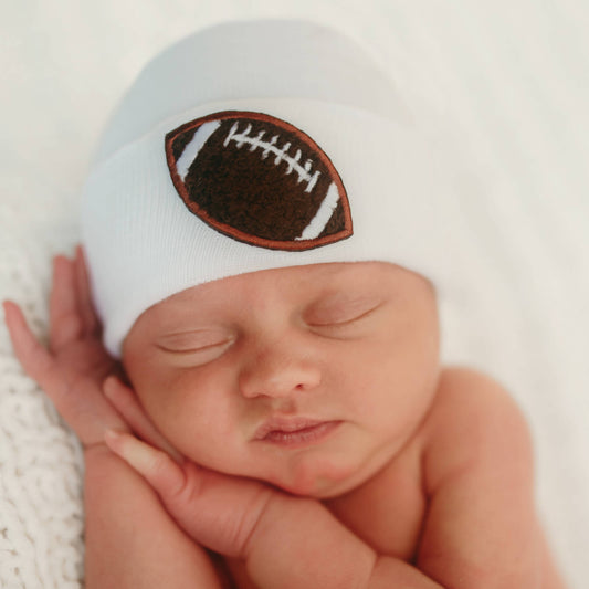 www.ilybean.com - Chenille Football Patch White or Oatmeal Newborn Boy Hat