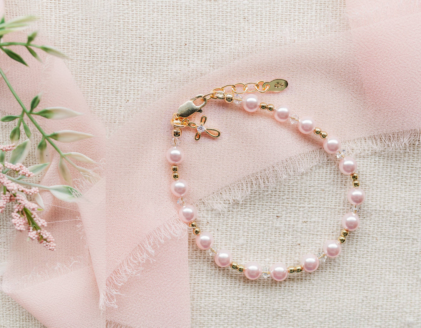 Cherished Moments - 14K Gold-Plated Pink Pearl Cross Bracelet Baptism/Communion